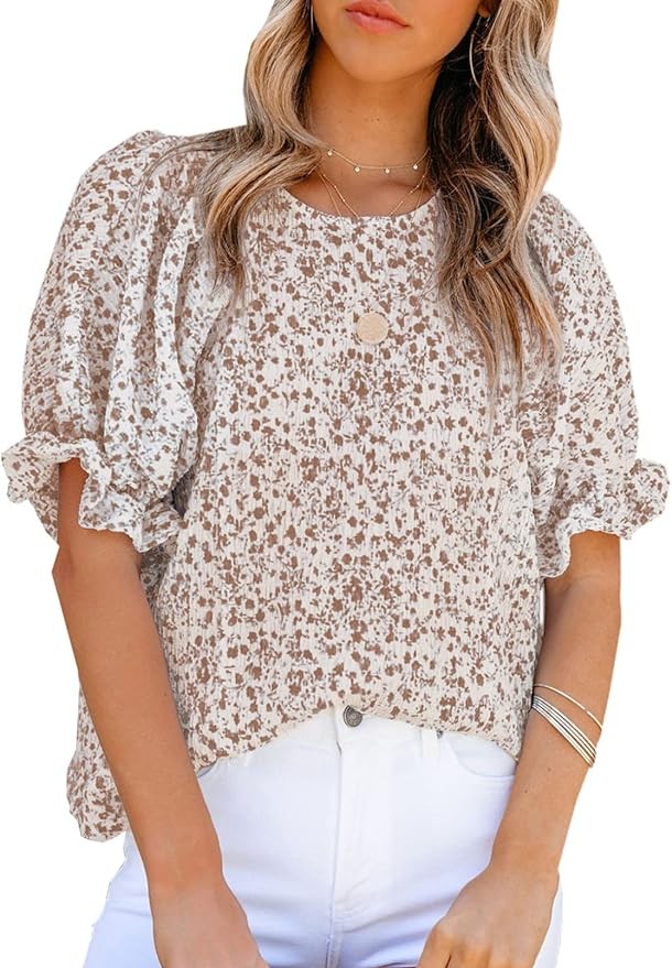 Dokotoo Floral Print Blouses for Women Crewneck Smocked Puff Sleeve Shirts Casual Babydoll Tops