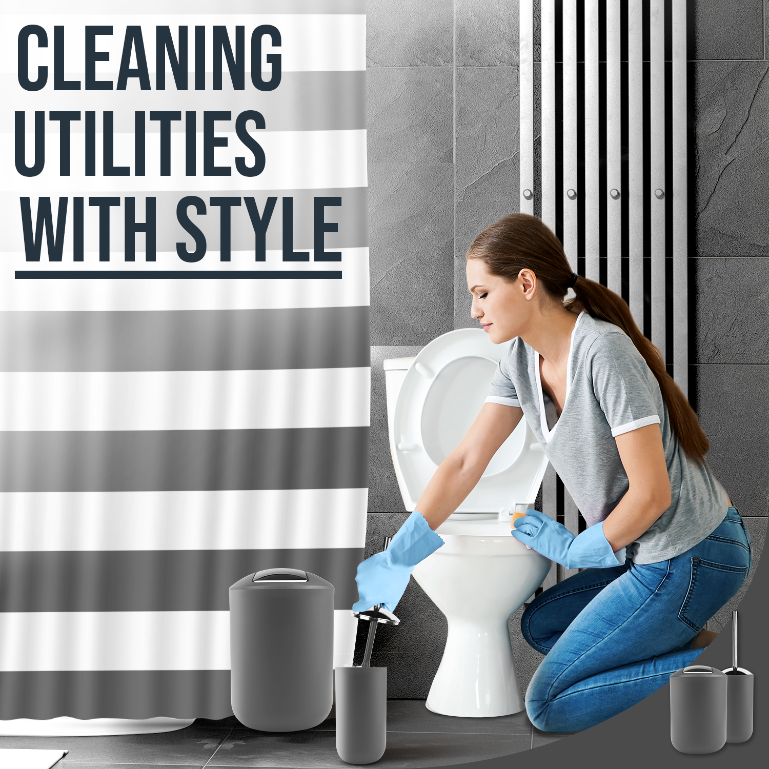 9 Piece Bathroom Accessories Set Soap Dish Shower Curtain Toilet Brush Trash Bin