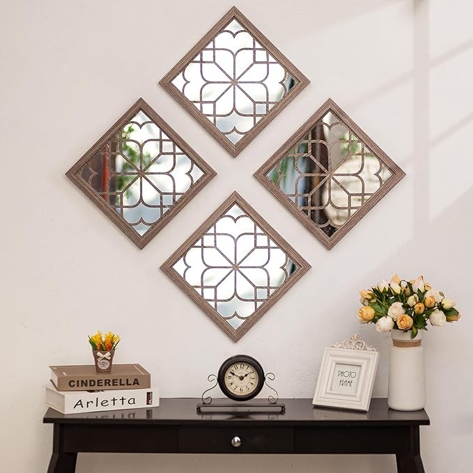 Walasis Farmhouse Wall Decor for Living Room - Rustic Wood Mirror Hanging Art Decorative Square Bedroom Decoration Shabby Chic Window Frame for Bathroom