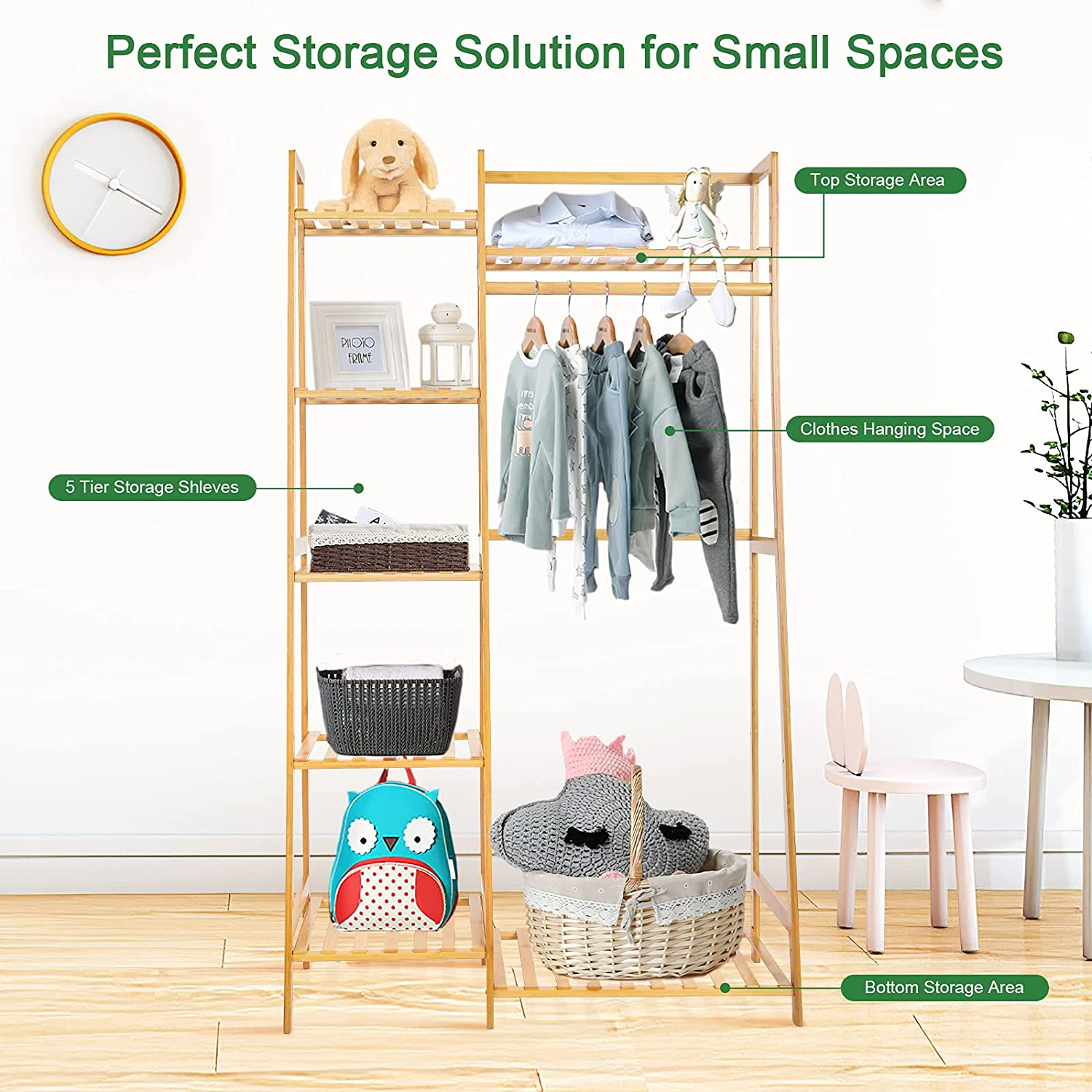 Bamboo Rack with 7 Tier Storage Shelves Clothing Hanging Stand for Small Spaces
