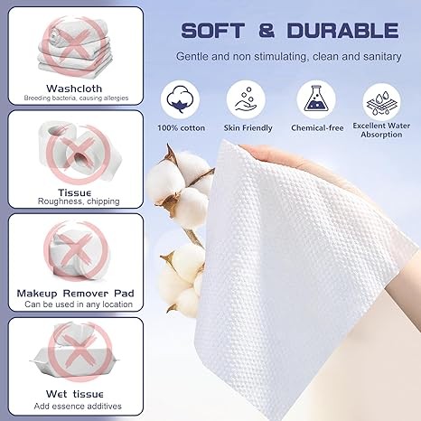 Disposable Face Towel, 200 Count Face Clean Towels, for Washing Soft Cotton Dry Wipes Facial Cloths Towelettes for Washing and Drying, Facial Tissue for Cleansing, Skincare and Makeup Remover