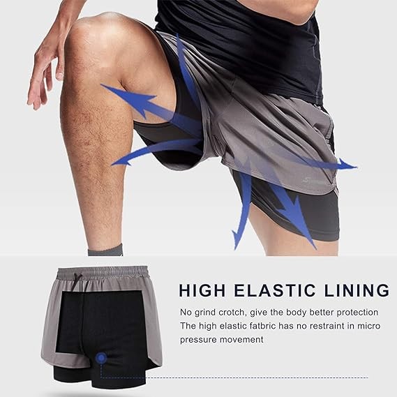 Surenow Mens 2 in 1 Running Shorts Quick Dry Athletic Shorts with Liner, Workout Shorts with Zip Pockets and Towel Loop