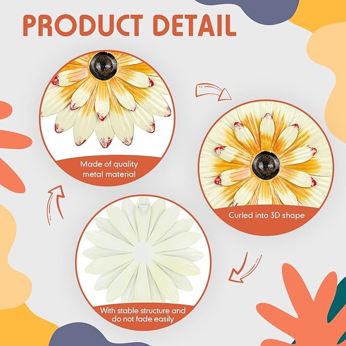 Zhehao 6 Pcs Metal Flower Wall Art Decor 8 Inch Sunflower Wall Decorations Hanging Outdoor Metal Wall Art Multicolored Handmade Metal Flowers Outdoor Decor (Elegant Color)