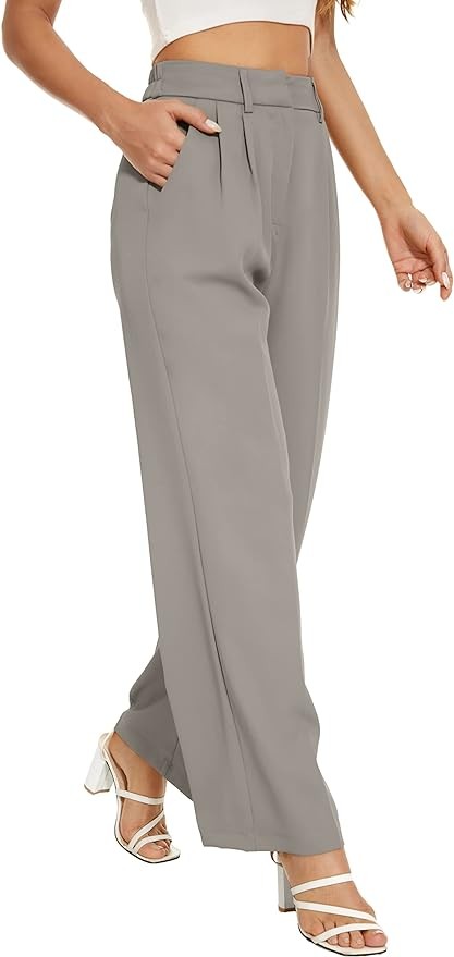 DECIVI Women Linen Low Rise Wide Leg Pants Pleated Front Casual Long Trousers with Pockets