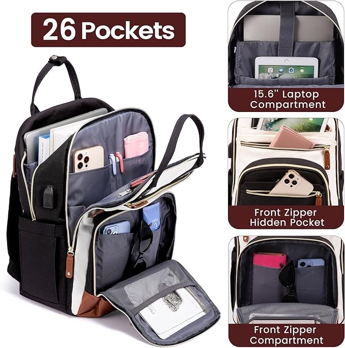 LOVEVOOK Backpack for Women, Fits 15.6 Inch Laptop Bag, Fashion Travel Work Anti-theft Bag, Business Computer Waterproof Backpack Purse, University Backpacks, Beige-Black-Brown