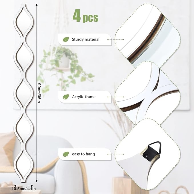 Qunclay Teardrop Mirror Wall Art, Silver, 4 Pcs, 90 x 10.2 cm, Acrylic and Wood Backing, Reflective Surface, Stylish Design, Easy Installation