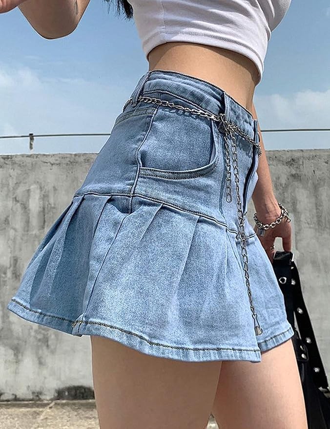 Yeokou Women's Casual Slim A-line Pleated Ruffle Short Mini Denim Skirts