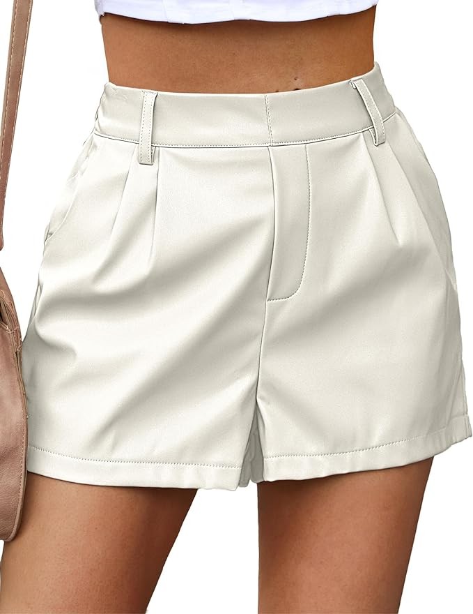 luvamia Faux Leather Shorts for Women High Waist Pleated Wide Leg Stretchy Shorts with Pockets Short PU Leather Pants