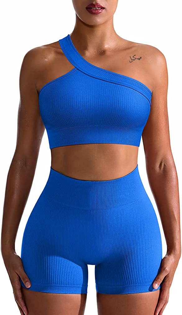OQQ Workout Outfits for Women 2 Piece Seamless Ribbed High Waist Leggings with S