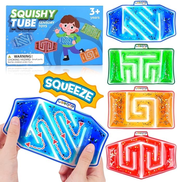 Squishy Tube Sensory Fidget Toys for Kids: 4 Pack Sensory Toy Maze Filled with Colorful Goo, Glitter, Calming Toys for Children Teens with Autism, ADHD - Stress Anxiety Relief Special Needs Classroom