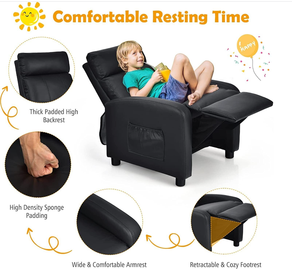 Costzon Kids Recliner, Adjustable PU Leather Lounge Chair w/Side Pockets, Footre