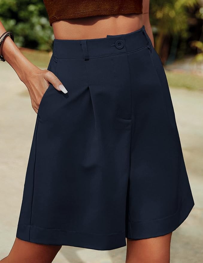 HOTOUCH Shorts for Women Bermuda Shorts Casual Elastic High Waisted Wide Leg Shorts Knee Length Summer Shorts with Pockets