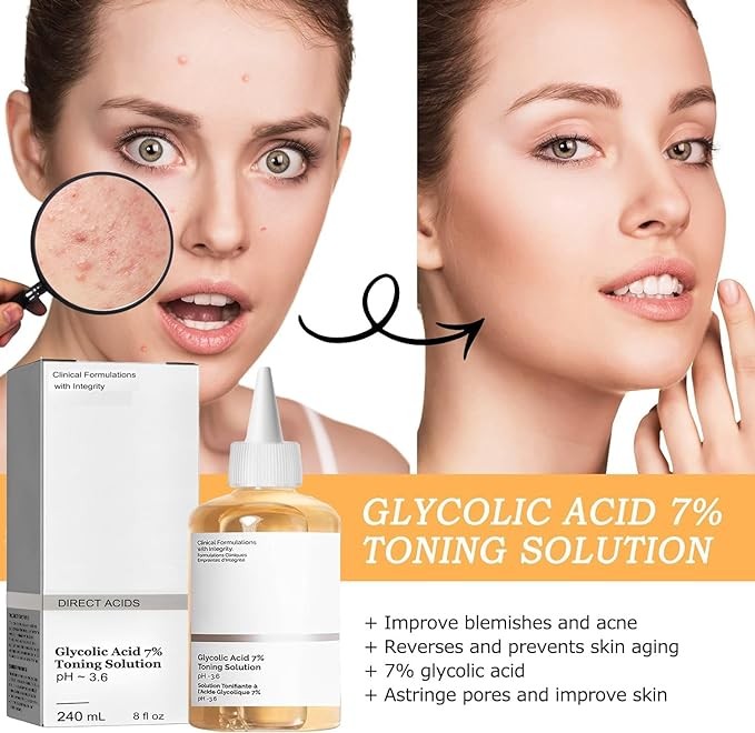 Generic 2pcs X 240ML 8fl.oz Glycolic Acid 7% Toning Resurfacing Solution,Exfoliate,and Rejuvenate Your Skin, Hydrate,Solution for Blemishes and Acne