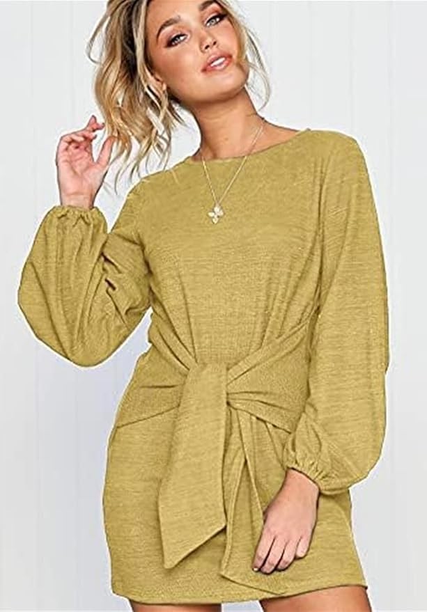 Pretty Garden Womens Long Lantern Sleeve Crewneck Tie Waist Knit Cocktail Dress