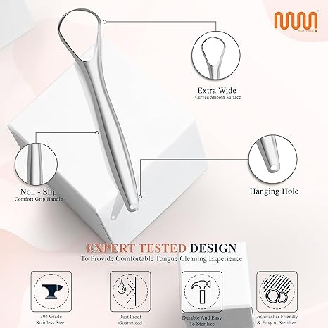 MasterMedi Tongue Scraper with Multicolor Cases (2 Pack), 100% Stainless Steel, Reduce Bad Breath, Easy to Use Tongue Scraper for Adults, Tongue Cleaner for Oral Care & Hygiene