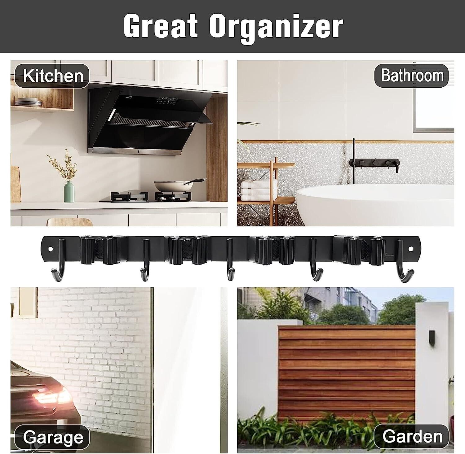 Broom Holder Wall Mount 4 Racks and 5 Hooks Broom Organizer Stora
