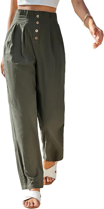 MakeMeChic Women's Casual Solid Linen Paperbag Waist Lounge Pants Button Pleated Tapered Trousers Pants