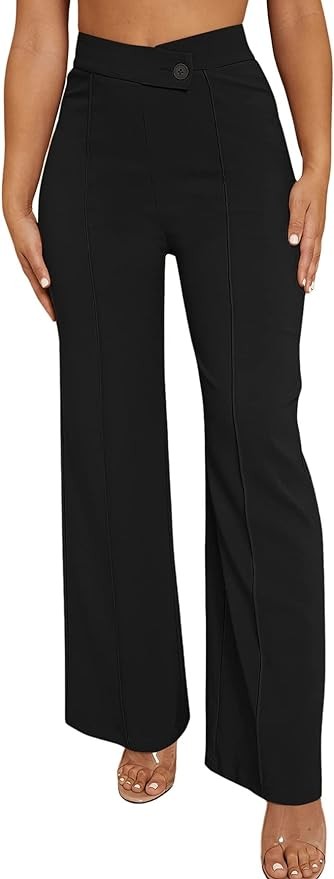 SweatyRocks Women's Overlap Waist Seam Front Palazzo Wide Leg Pants High Waist Long Pant Casual Trousers