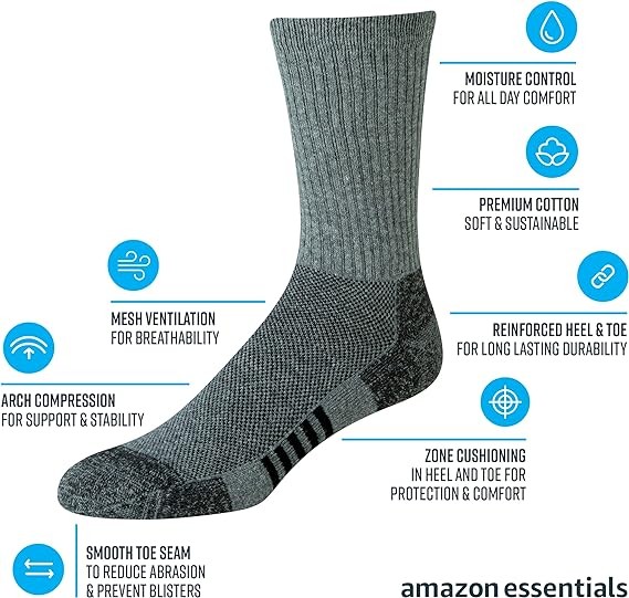 Amazon Essentials Men's Performance Cotton Cushioned Athletic Crew Socks, 6 Pairs