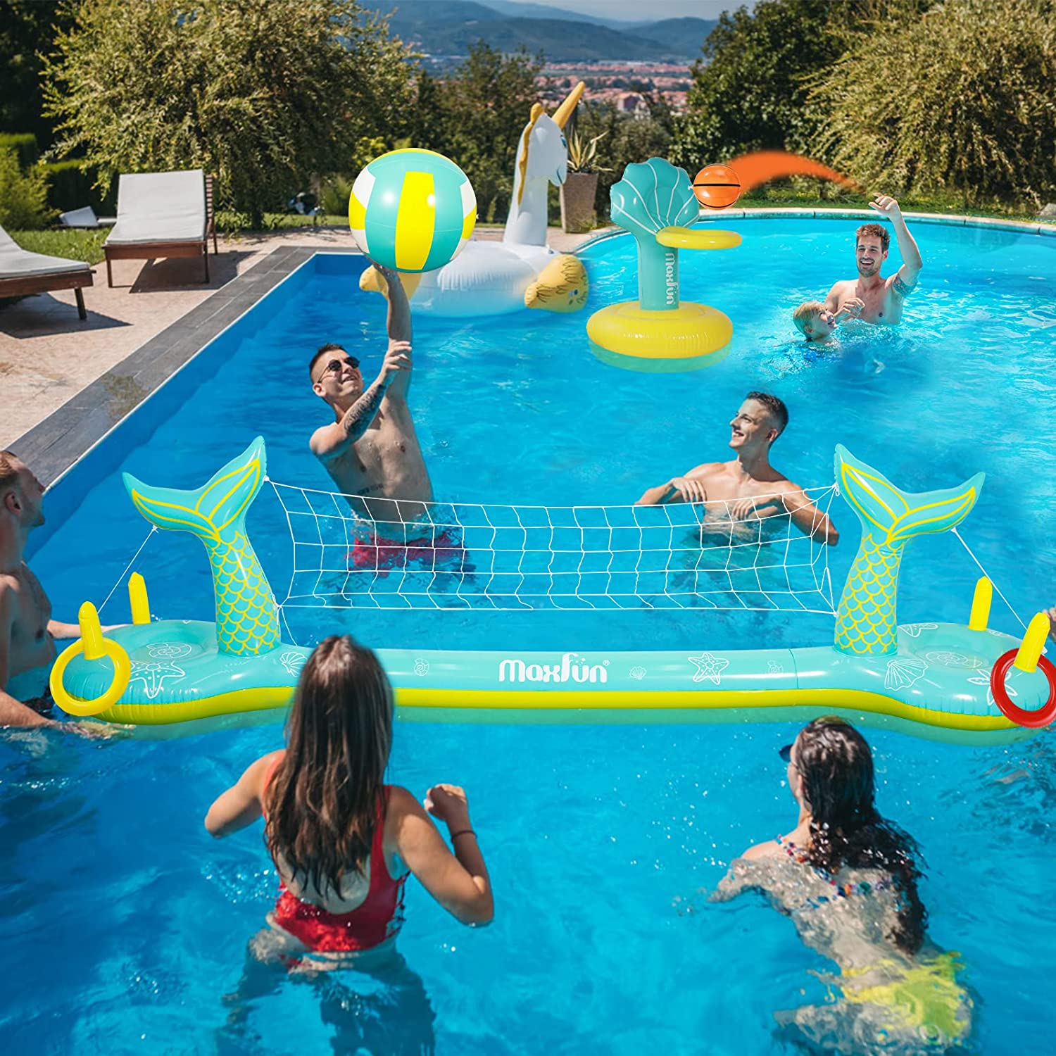 Max Fun Pool Floats Toys Game Set Floating Basketball Hoop Inflatable Ring Toss