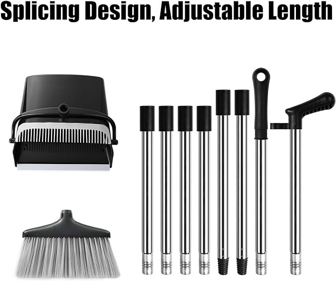 Broom and Dustpan Set with Long Handle, Windproof Stand Up Dustpan with Broom Combo for Home Kitchen Room Office Lobby Floor Use (Black&Grey, 45.3IN)
