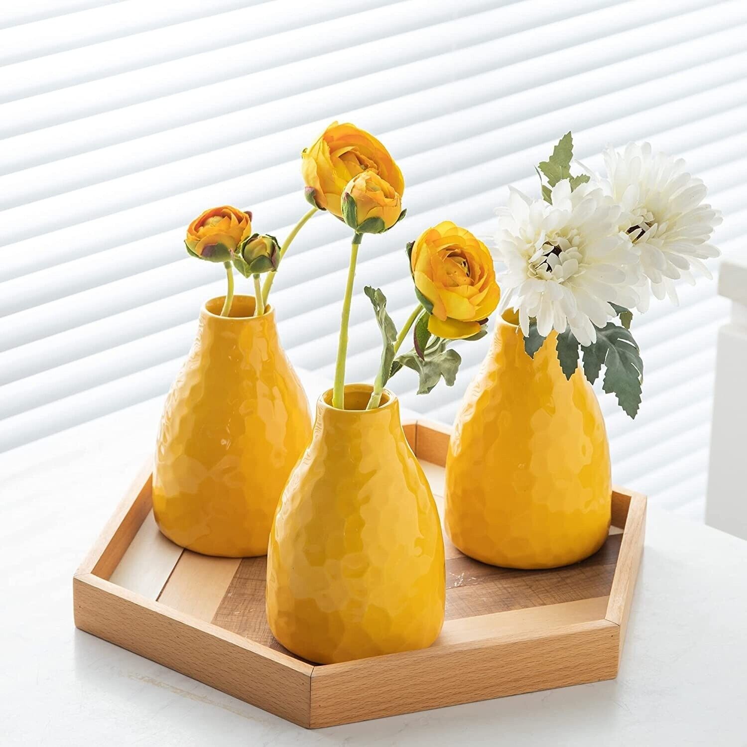 Home Living Room Decor Set of 3 Small Yellow Stoneware Ceramic Flowers Vase