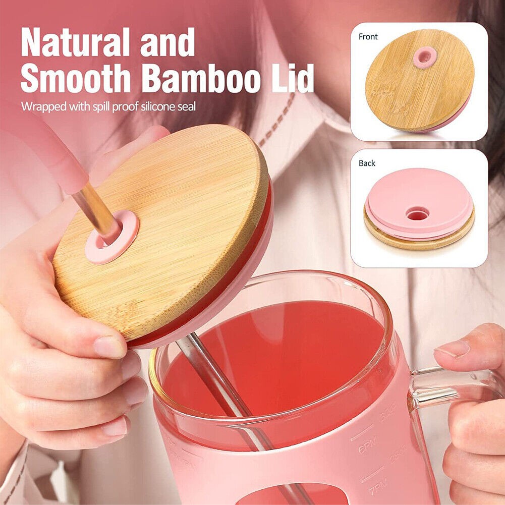 32oz With Straw Glass Tumbler Silicone Sleeve Bamboo Lid Reusable Drinking Mug