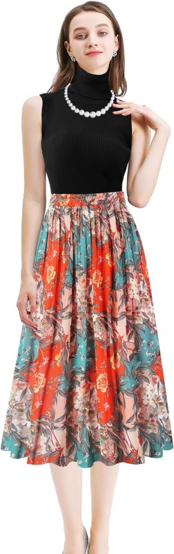 Kingfancy Women's Pleated Skirt Chiffon Elastic Waist A-Line Midi Length Skirt
