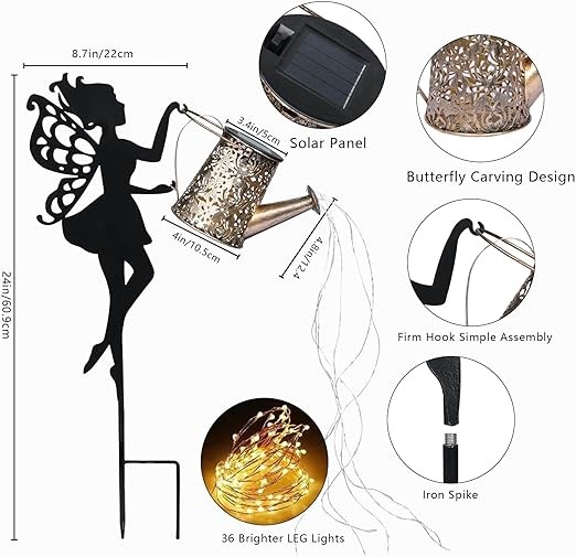 Outdoor Decor Solar Watering Can with Cascading Lights - 24 Inch Garden Decor for Outside - Metal Outdoor Path Lights - Garden Solar Lights for Lawn Walkway Yard Decor(36 LED String Lights)