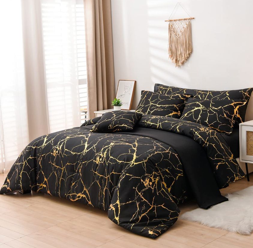 Gold Metallic Marble Comforter and Sheet Set 7Pcs King Size Bed-In-A-Bag Glitter