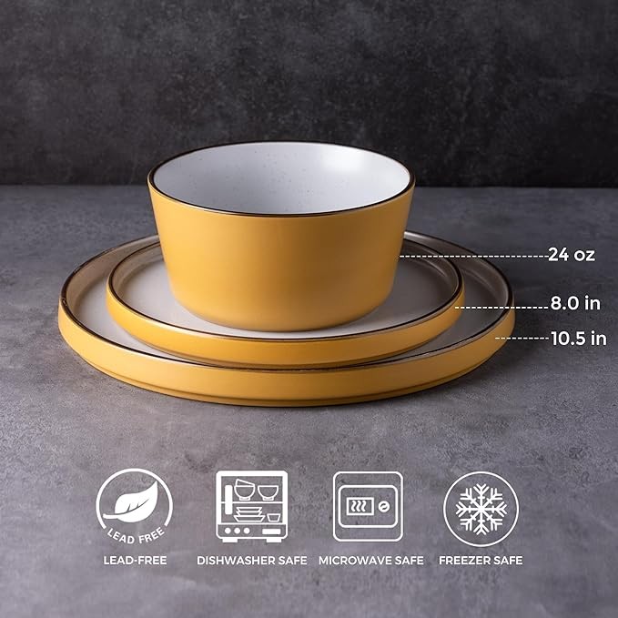 AmorArc Dinnerware Sets of 4, Modern Stoneware Plates and Bowls Sets,Chip and Crack Resistant | Dishwasher & Microwave Safe Ceramic Dishes Set,Service for 4 (12pc)-Speckled & Matte Yellow