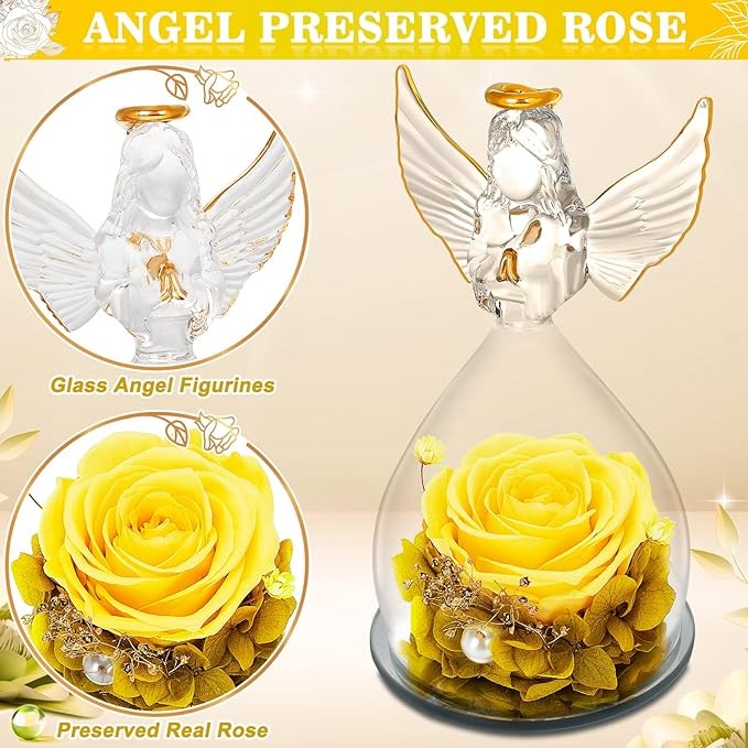 YEEBAY Preserved Flowers Gift for Mom, Grandma, Angel Figurine with Rose, Ideal Birthday, for Her, Women, Wife, Sister