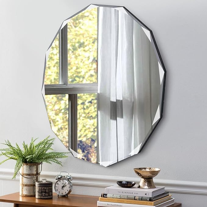 QDSSDECO 24" x 24"Beveled Edge Frameless Wall Mount Mirror, Irregular Shaped, Unique Vanity Mirror, Frameless Wall Mirror for Bathroom, Living Room, Bedroom, Entryway