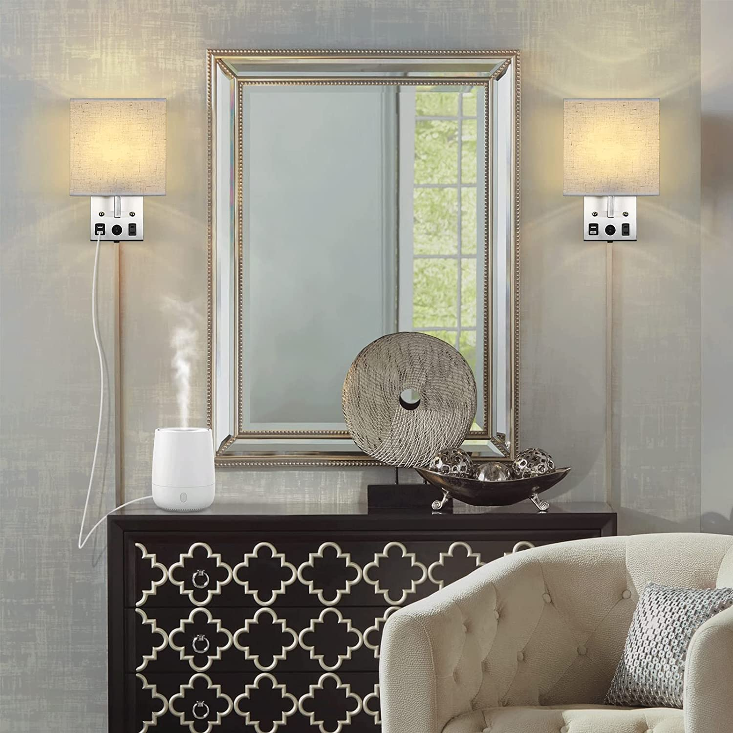 Bedside Wall Lamp Set of 2 Plug in Wall Light with Usb Charging Ports and Ac Out