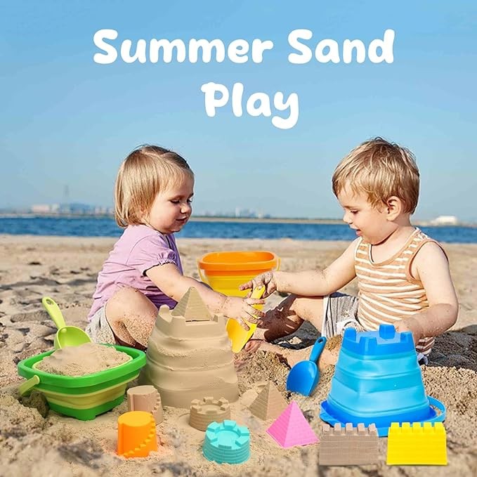 AuntyFey Collapsible Beach Toys Sand Toys for Toddlers 1-3, Beach Toy Sand Toy for Kids Ages 4-8, Collapsible Beach Sand Buckets Toys for Kids, Sandbox Toys for Toddler with Castle Sand Molds Shovels