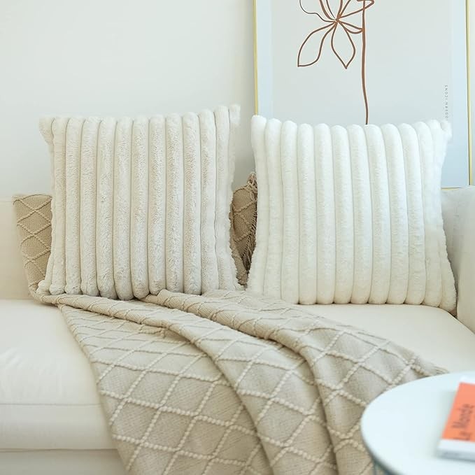 JOJUSIS Pack of 2 Faux Fur Plush Decorative Throw Pillow Covers Striped Couch Cushion Case Soft Fluffy Pillowcases(Beige, 18 x 18-Inch)