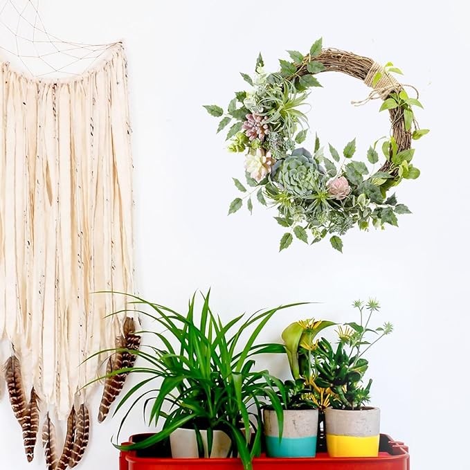 WANNA-CUL 16 inch Boho Spring Succulent Wreath Arrangement Decor for Front Door,Artificial Multicolor Succulent Summer Door Wreath with Greenery Air Pineapple for Wall and Home Decoration Visit the WA