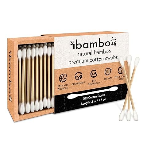 Ibambo 200 Pack Bamboo Cotton Swabs - Double Tipped Cotton Buds for Ear Cleaning | Bamboo Swabs for Beauty, Personal Care, Arts & Crafts | Hypoallergenic & Ecofriendly, Suitable for All Ages and Pets