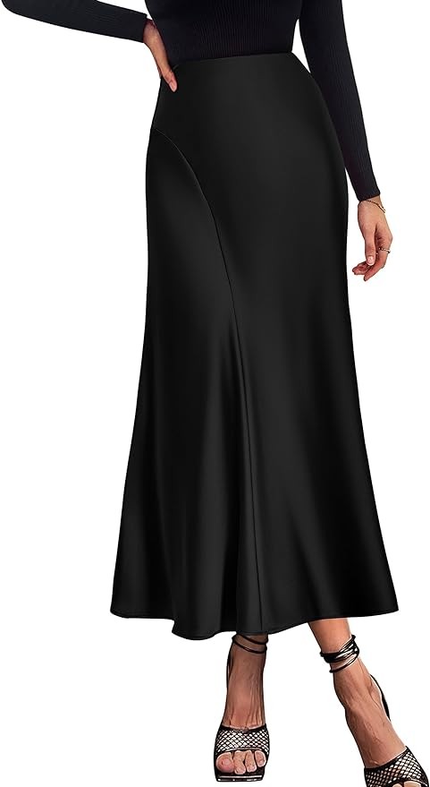 PRETTYGARDEN Women's Satin Midi Skirts 2024 Summer High Waisted A Line Elegant Cocktail Party Long Silk Skirt