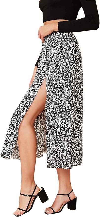 Verdusa Women's Sexy Boho Floral Split Thigh High Waist Swing Midi Skirt