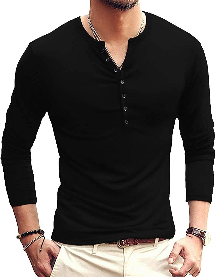 Mens Casual Slim Fit Basic Henley Long Sleeve Fashion T-Shirt