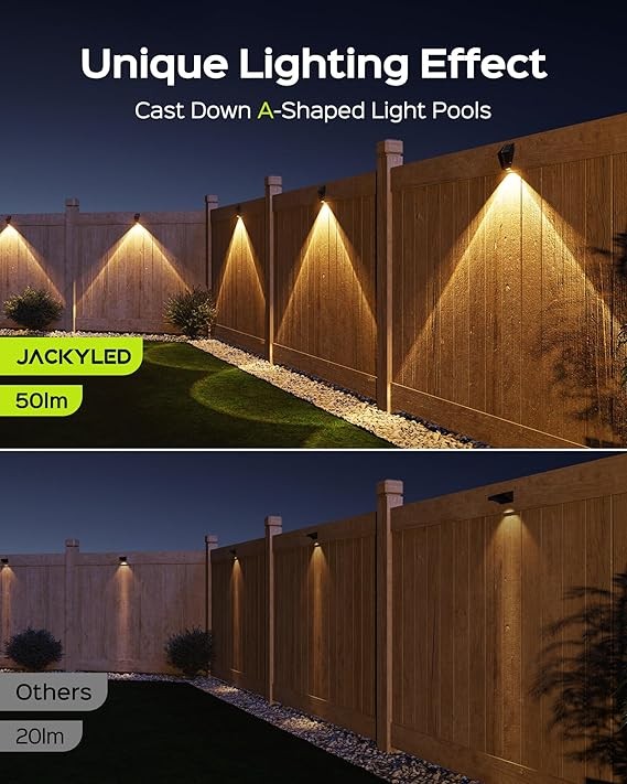JACKYLED 2024 New Solar Fence Lights, 50 Lumens Bright Fence Lights Solar Powered Deck Lights, Outdoor Waterproof LED Fence Lights for Outside Deck Patio Railing Wall (12 Pack)
