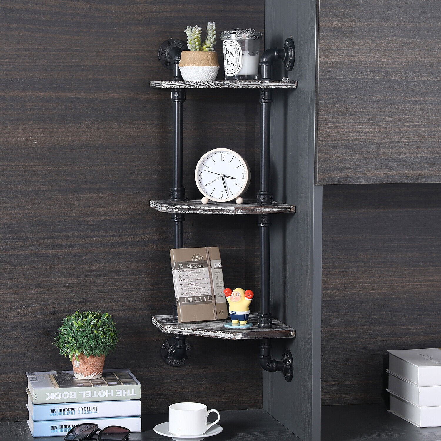 3 Tier Rustic Torched Wood Corner Display Shelves w/ Industrial Metal Pipe Frame