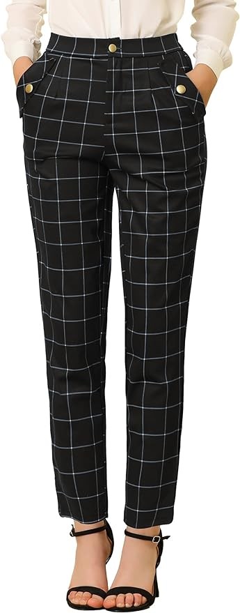 Allegra K Women's Vintage Tartan Plaid Pants Elastic Waist Straight Long Trousers