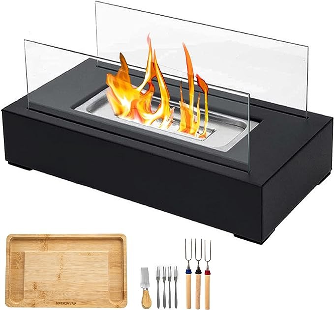 ROZATO Tabletop Fire Pit with Smores Maker Kit Portable Indoor/Outdoor Mini Small Fireplace Table Top Decor Home Patio Balcony Gifts for Women Mom Her Wedding Housewarming Mothers Day Birthday Gift