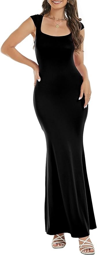 Womens Summer Cap Sleeve Square Neck Elegant Casual Lounge Bodycon Slim Maxi Evening Party Long Dress