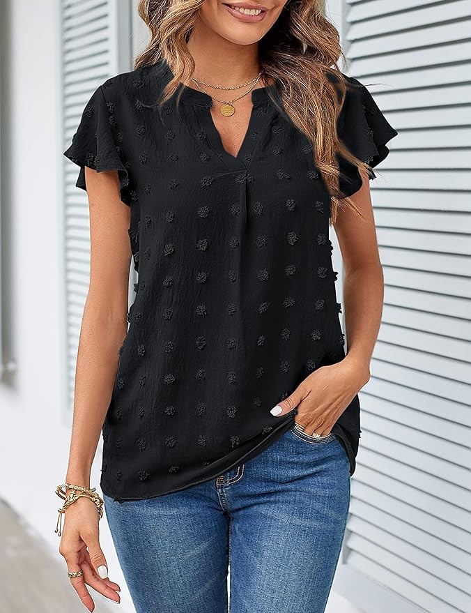 MEROKEETY Women 2024 Summer V Neck Ruffle Short Sleeve Blouse Swiss Dot Flowy Shirt Tunic Top