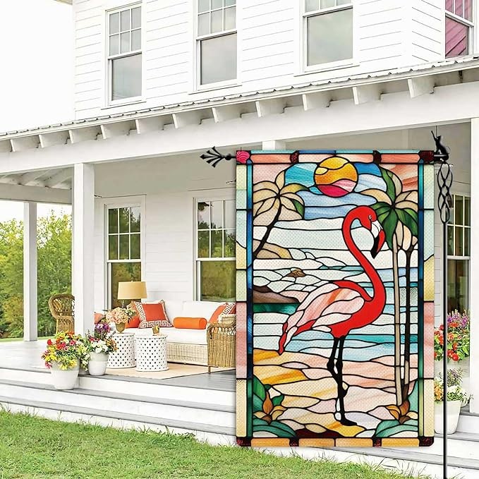 Welcome Summer Garden Flag Spring Summer Flamingo Garden Flag Stained Glass Style Vertical Double Sided Rustic Farmland Burlap Yard Lawn Outdoor Decor 12.5x18"