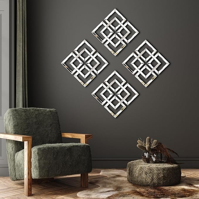 Tatuo 4 Sets Silver Mirrored Wall Decor 16 x 16 Inches DIY Wall Mounted Mirrors Gorgeous Glam Decorative Modern Square Mirror Wall Art for Living Room Home Bedroom