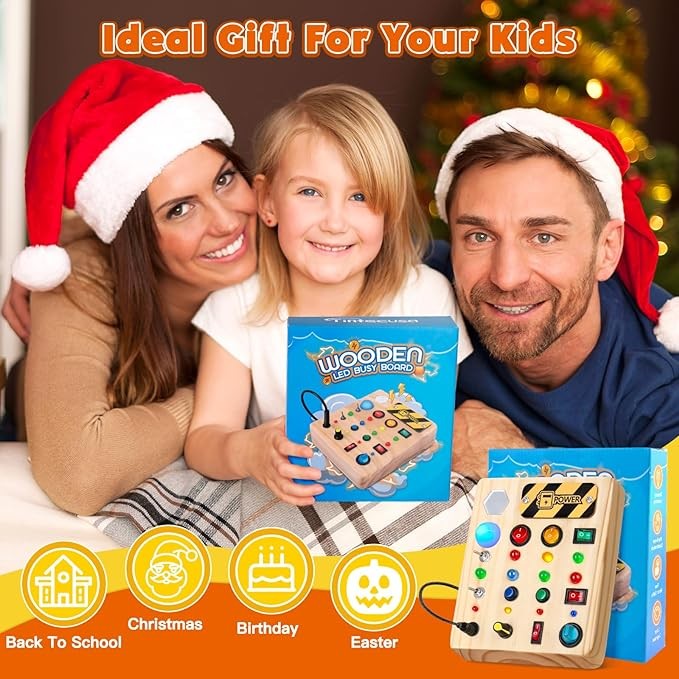 TINTECUSA Busy Board Montessori Toys for Toddler, Wooden Sensory Board Switch Toy with Shape Sorter LED Light Up Toys Educational Plane Travel Activity for 1-6 Year Old Girls & Boys